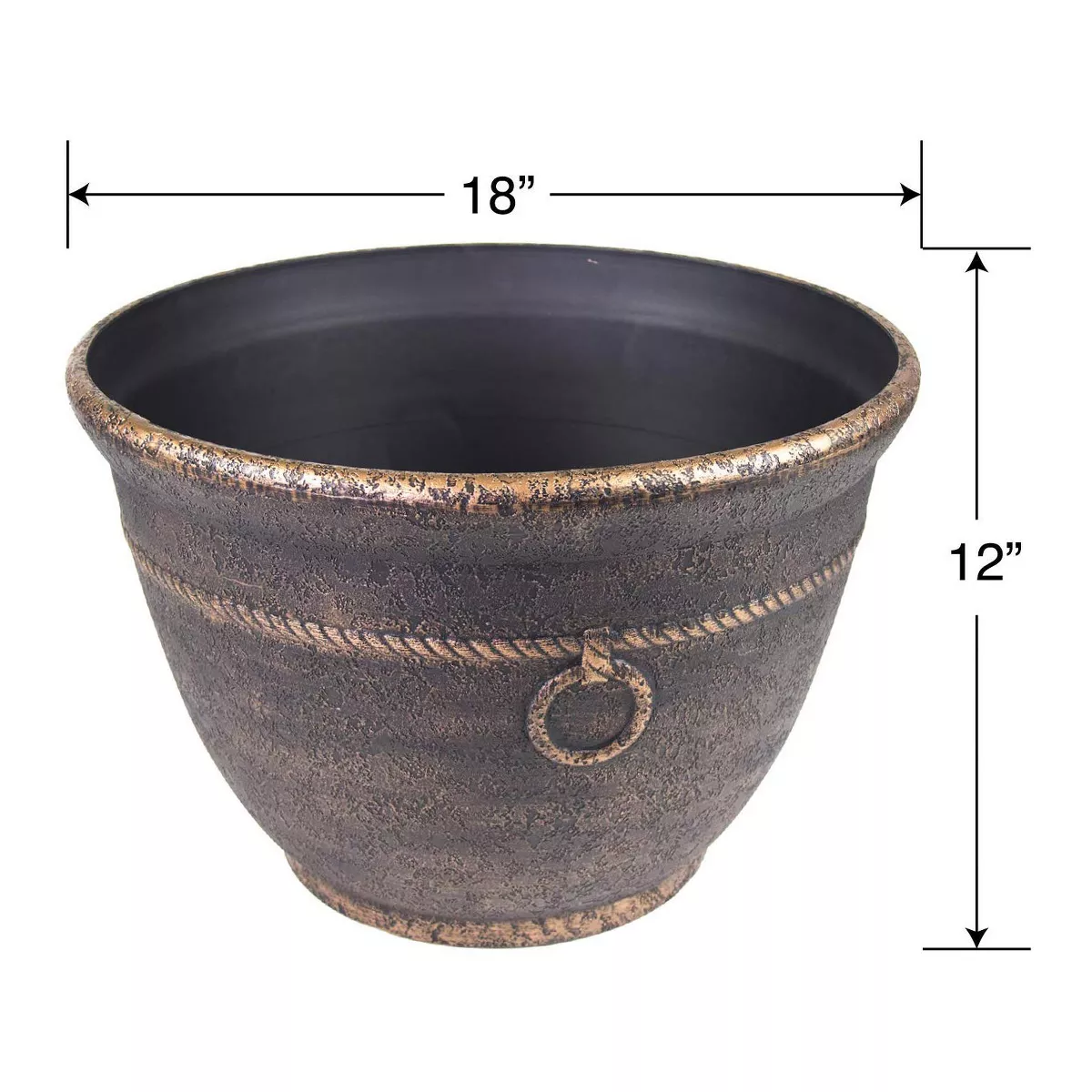 Liberty Garden 1925 Banded High Density Resin Outdoor Garden Hose Pot with Drainage for Backyard, Garden, or Home, Antique Bronze