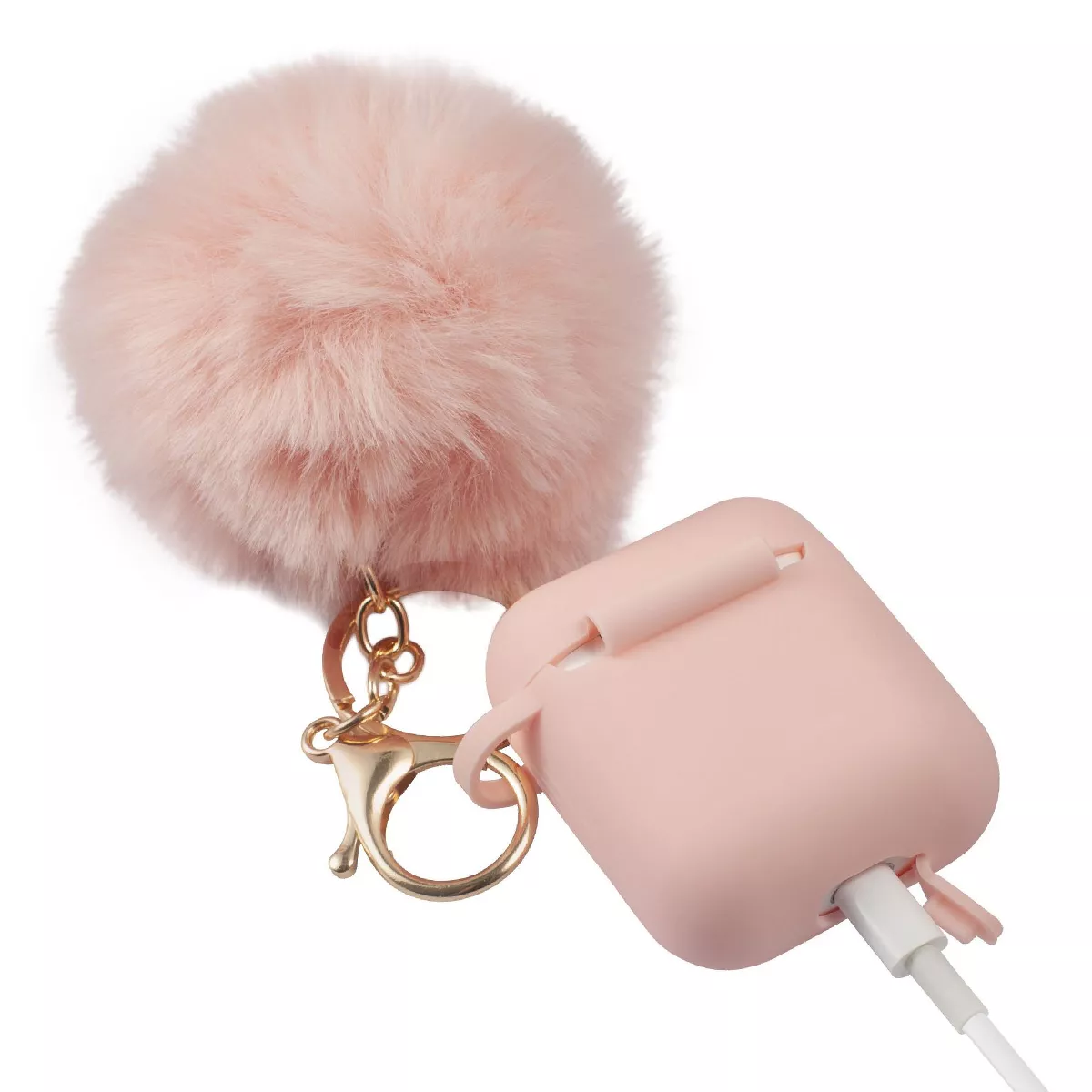 Insten Fluffy Pom Pom Case For Airpods 1 / 2, Silicone Case with Keychain & Anti-Lost Strap, Soft Touch Skin, Protective Cover, Pink