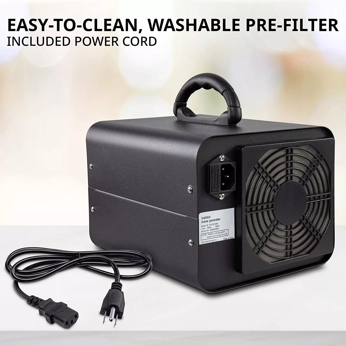 Ivation 10,000 MG/Hour Portable Compact Ozone Generator for Large Rooms Up to 5,000 Sq./Ft. with Long-Lasting Ceramic Plates, Washable Pre-Fitler, Timer & Carry Handle