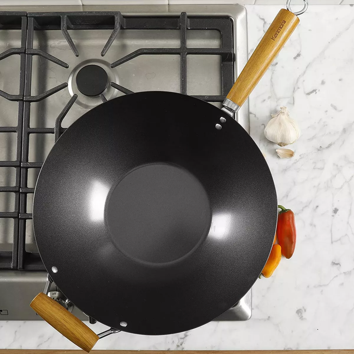 Kenmore Hammond 14 Inch Flat Bottom Carbon Steel Wok in Black with Wooden Handles