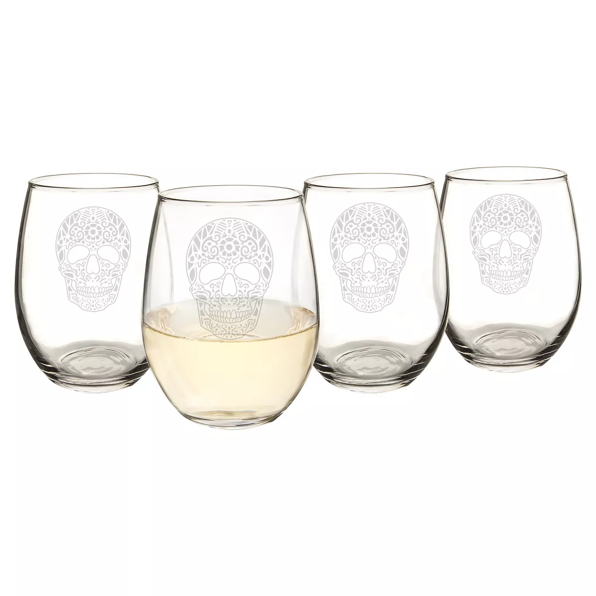 Halloween Sugar Skull Stemless Wine Glasses - 4ct