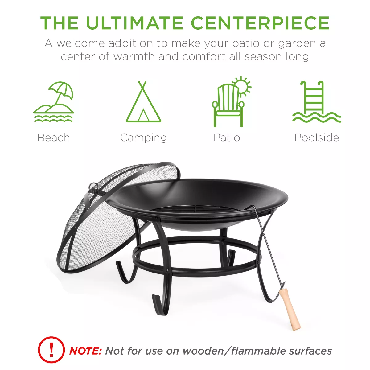 Best Choice Products 22in Steel Outdoor Fire Pit Bowl BBQ Grill w/ Screen Cover, Log Grate, Poker for Camping, Bonfire