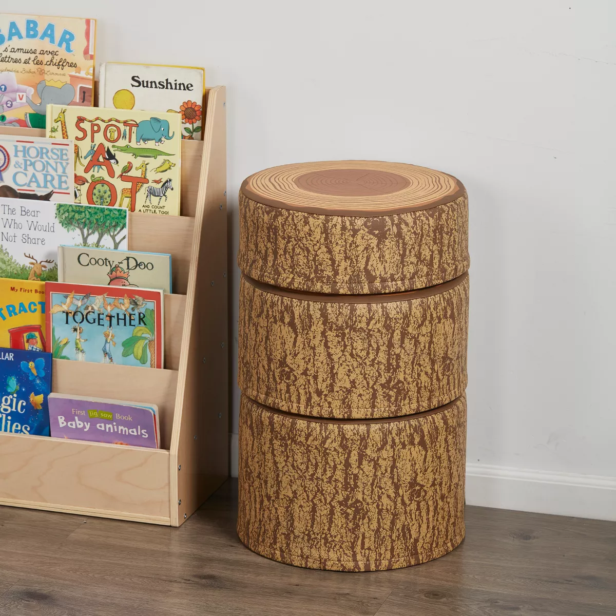 ECR4Kids SoftZone Tree Stump Stool Set-Round Foam Stools for Kids with Decorative Log Design (3-Pc)