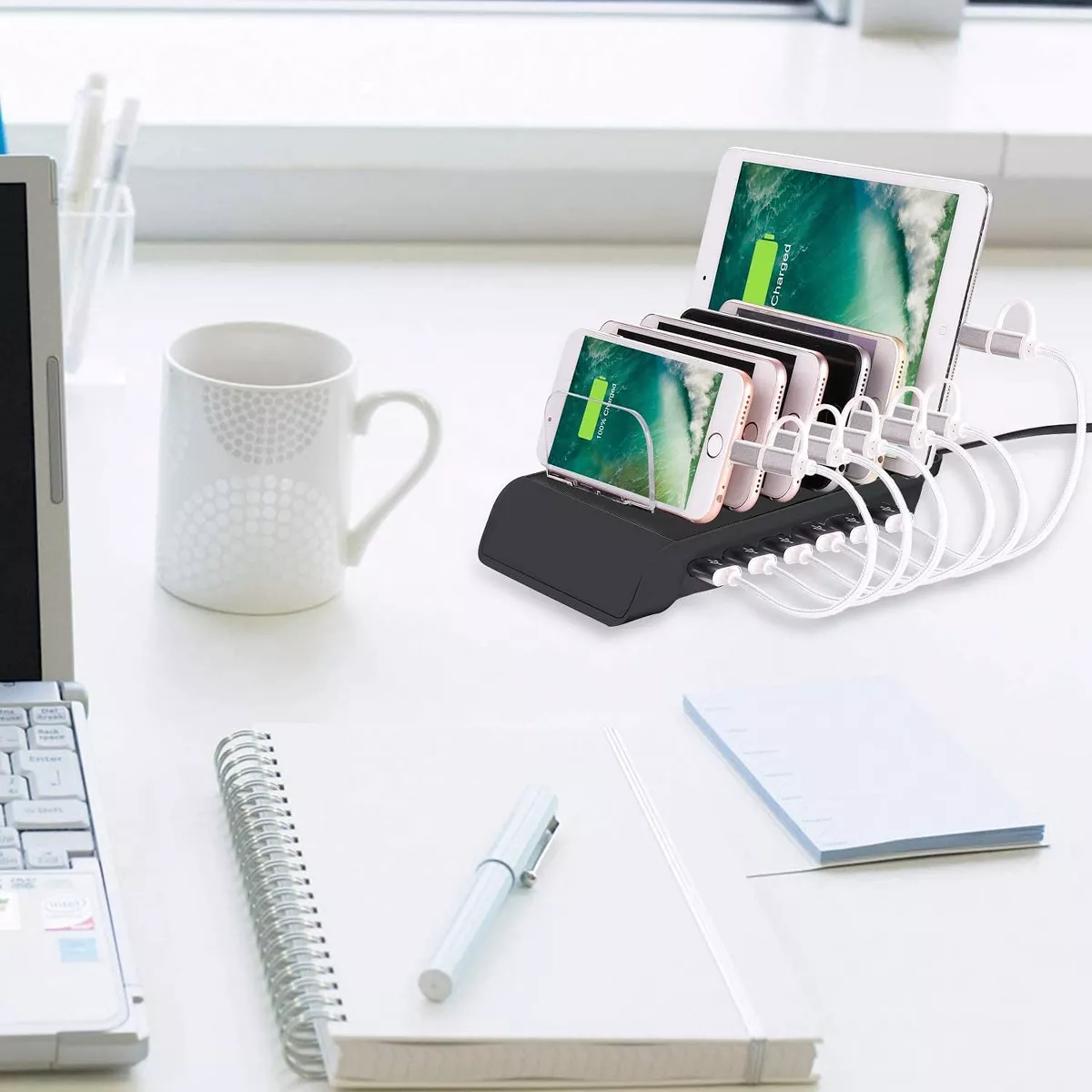 Wasserstein 6 Port USB Charging Station Dock for iPhone, iPad, Android Phones and Tablets with Lightning, Micro USB and USB Type-C Cables