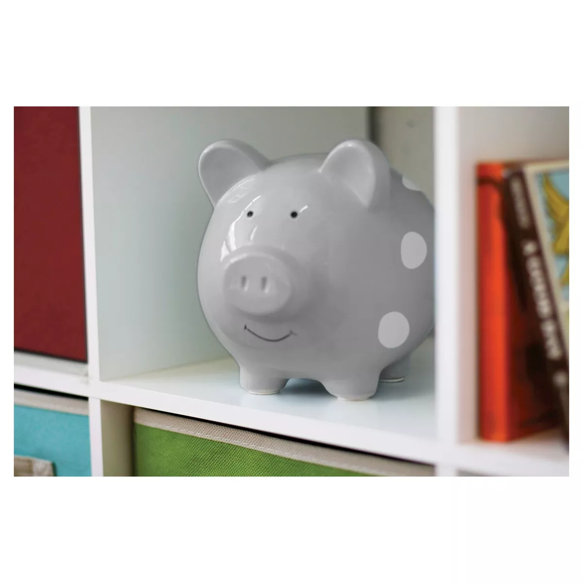Pearhead Ceramic Piggy Bank - Gray with White Polka Dots