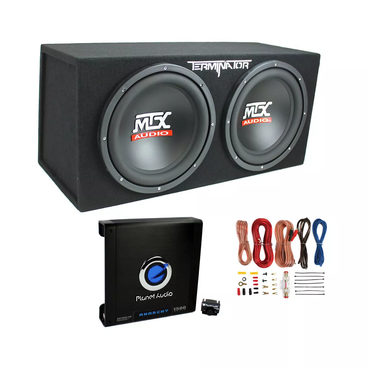 MTX TNP212D2 12" 1200 Watt 4 Ohm Dual Loaded Car Audio Subwoofer Package with Sub Enclosure, Planet 1500W Monoblock A/B Amplifier & 8 Gauge Wiring Kit