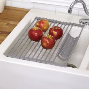 Lakeside Gray Roll-Up Silicone Over the Sink Dish Rack - Multifunction Kitchen Utensil