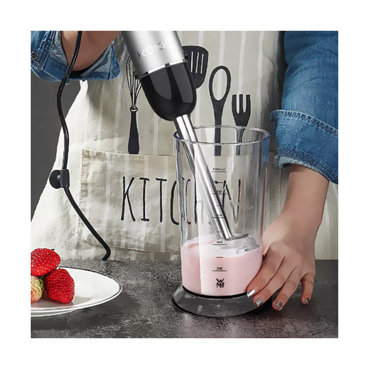 KOIOS HB-2050 800 Watt Electric 12 Speed 4 In 1 Immersion Hand Blender Kitchen Appliance with Anti Splash S-Shaped Blade, Black