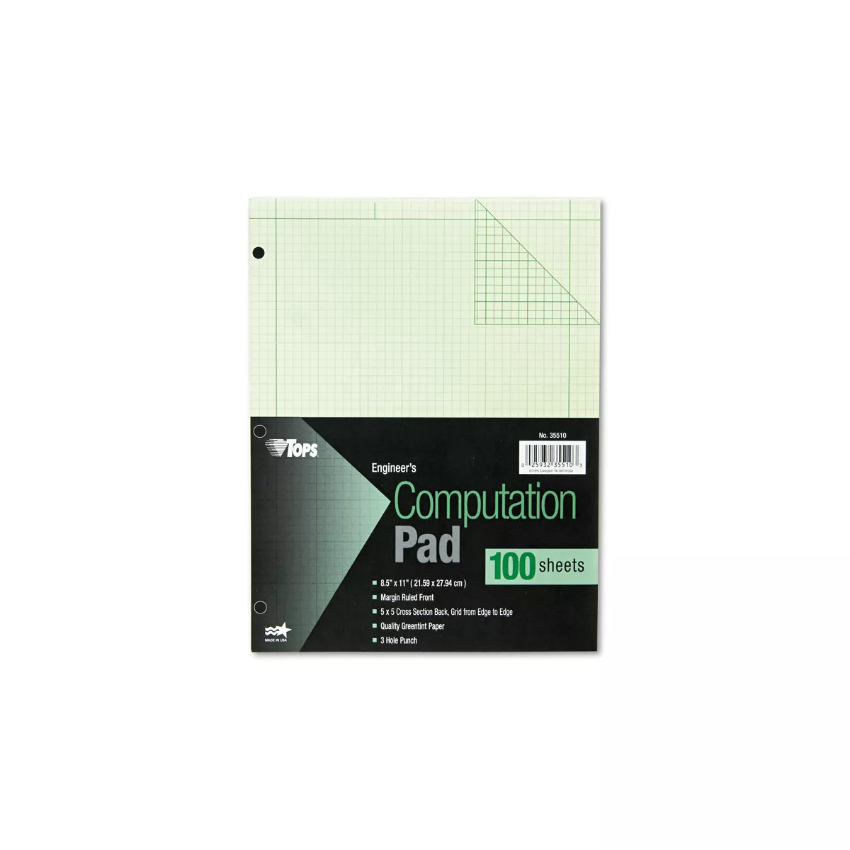 Tops Engineering Computation Pad Grid to Edge 8 1/2 x 11 Green 100 Sheets 35510