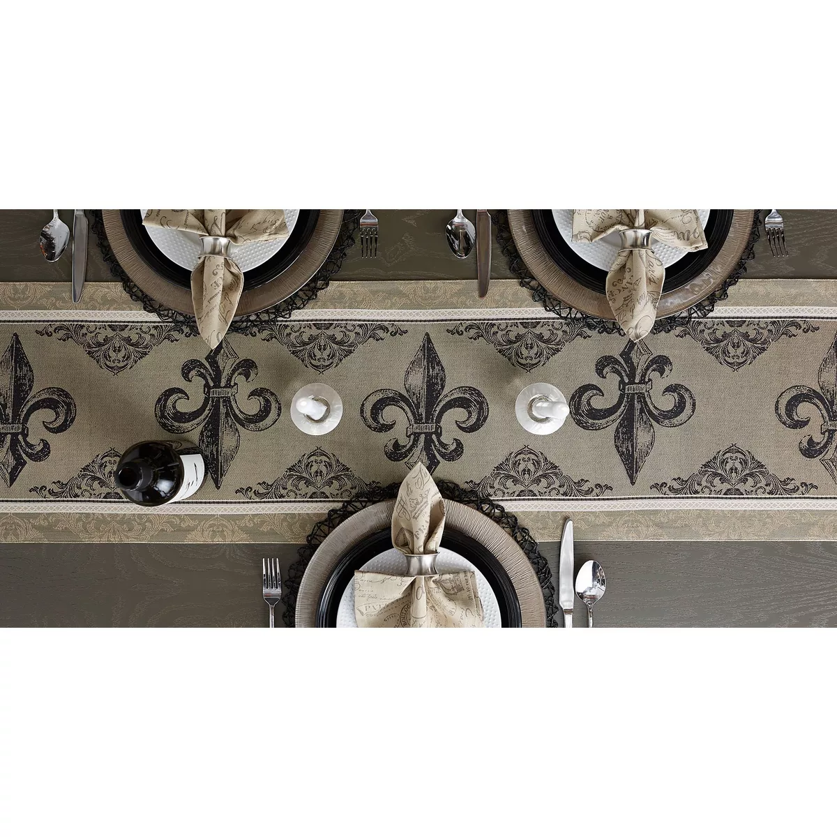 Black Fleur De Lis Stripe Jacquard Table Runner - Design Imports