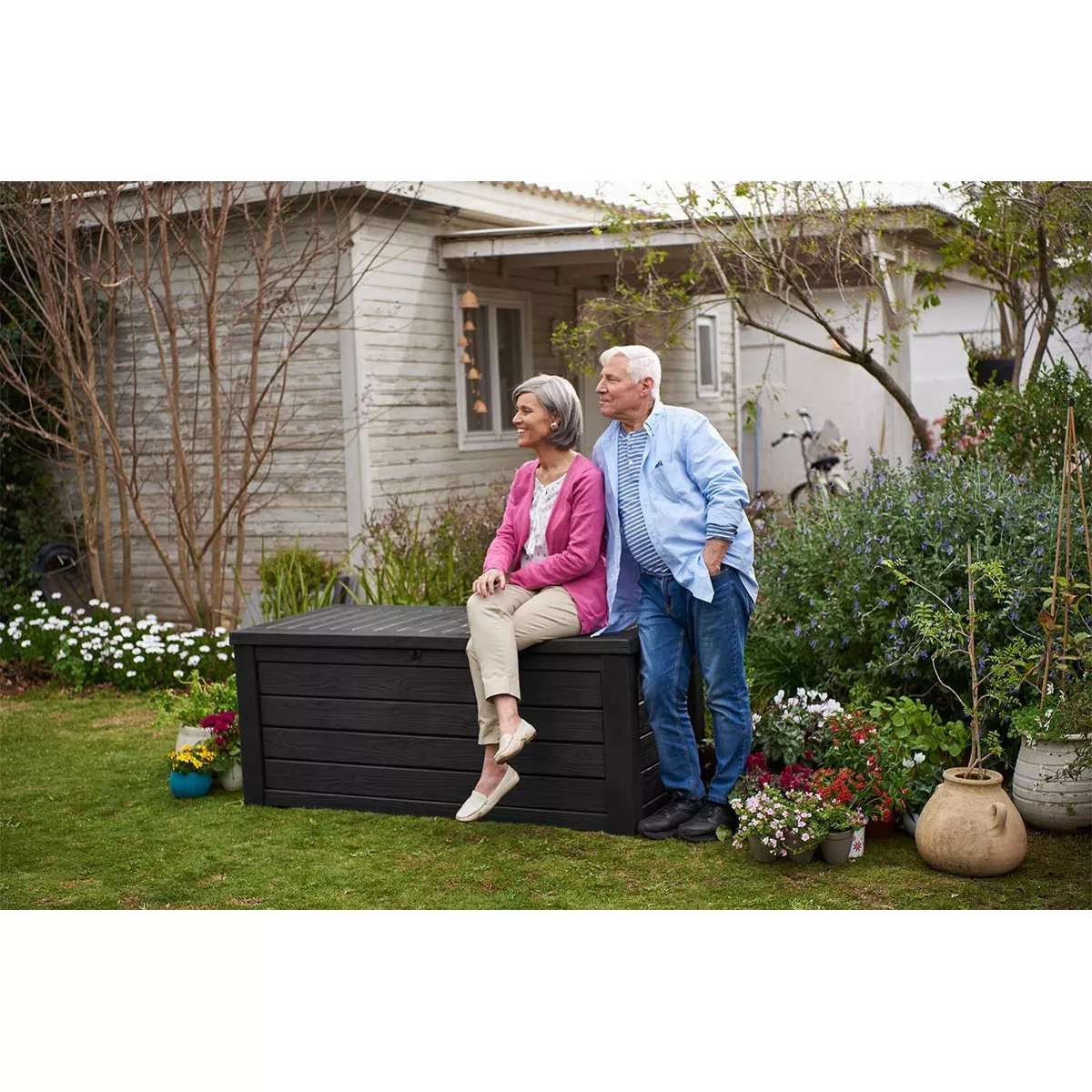 Keter Westwood Outdoor Resin Deck Storage Box Bin Organizer for Patio Furniture, Pool Toys, and Yard Tools with Natural Design, 150 Gallon, Dark Grey