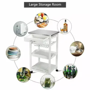 Costway Rolling Kitchen Trolley Cart Steel White Top Removable Tray W/Storage Basket &Drawers
