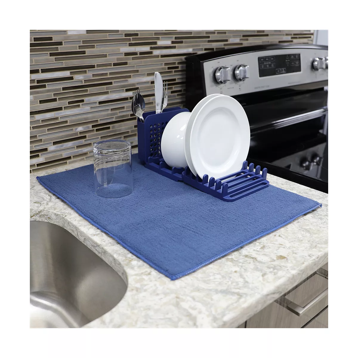 Michael Graves Design 3 Section Plastic Dish Drying Rack with Super Absorbent Microfiber Mat, Indigo