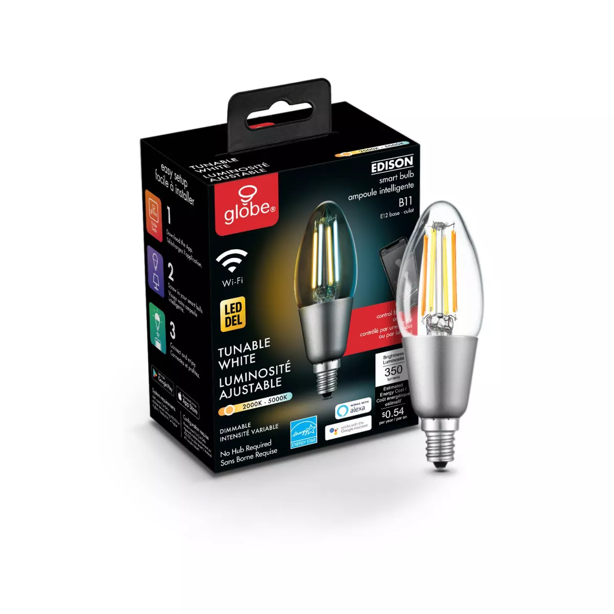 Smart 40W Equivalent Vintage Filament Tunable White LED Wi-Fi Enabled Voice Activated B11 E12 Light Bulb