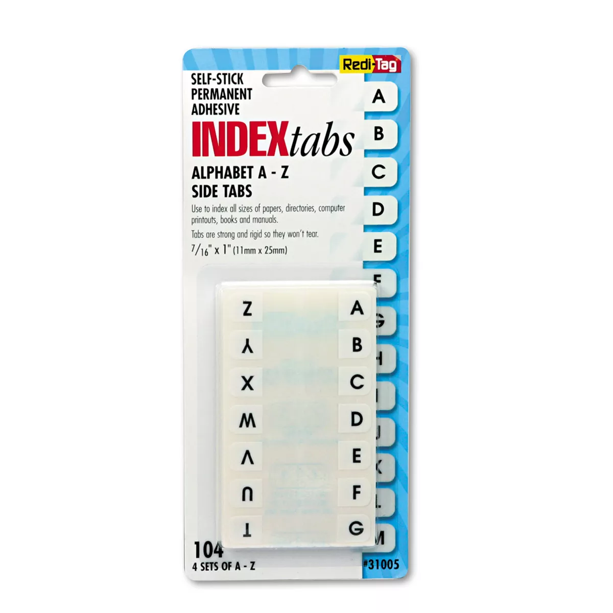 Redi-Tag Side-Mount Self-Stick Plastic A-Z Index Tabs 1 inch White 104/Pack 31005