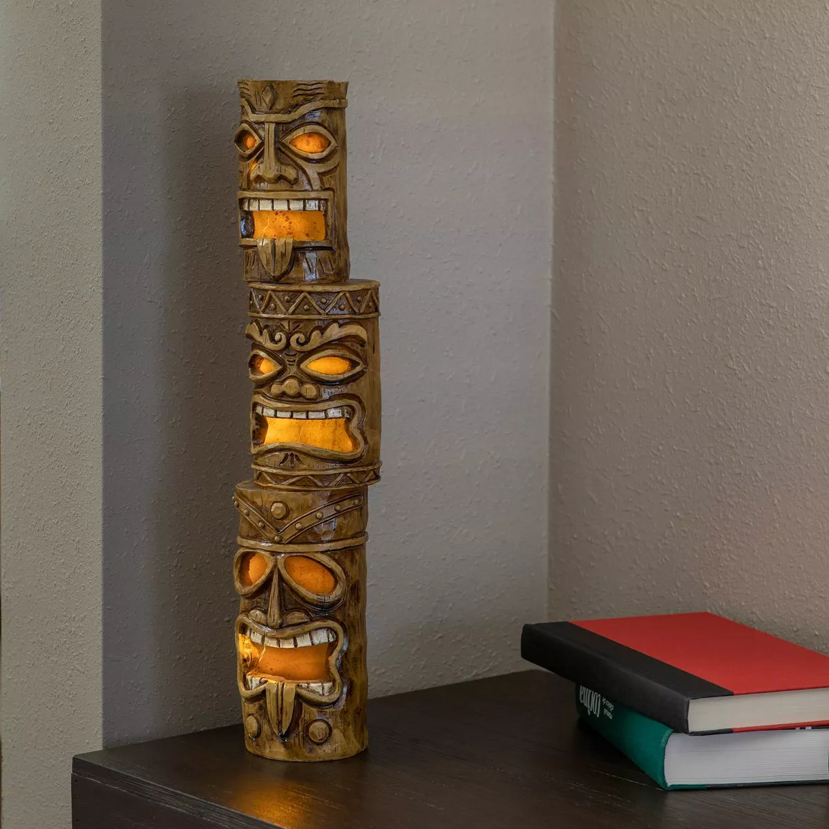 Alpine 19" Triple Tiki Solar Concrete Garden Decor Brown