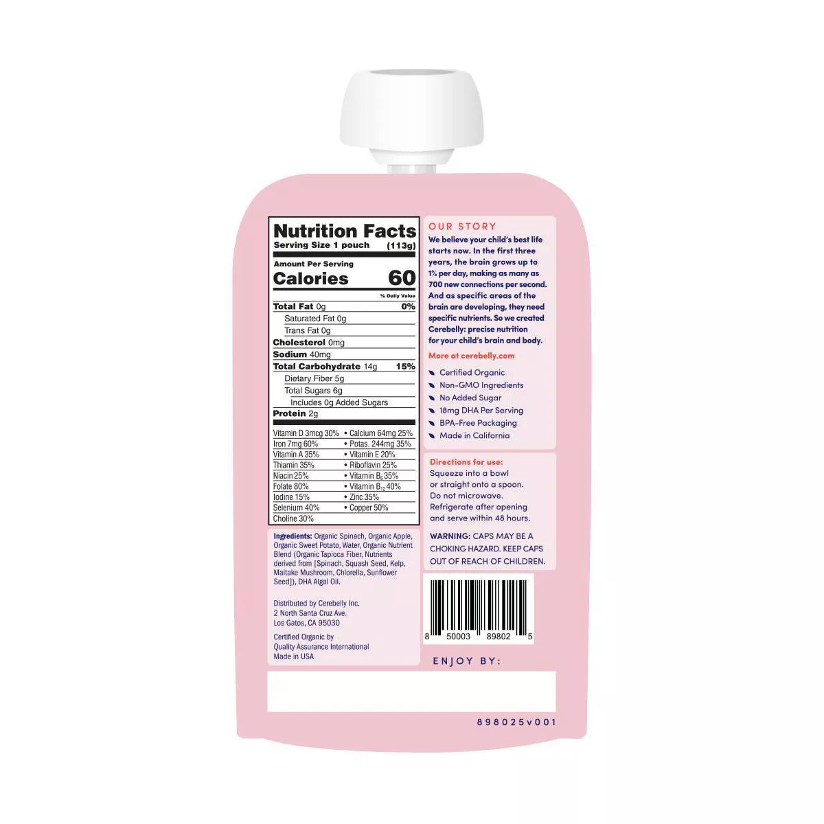 Cerebelly Clean Label Project Purity Award Winning Spinach Apple Sweet Potato Organic Baby Food Pouch - 4oz