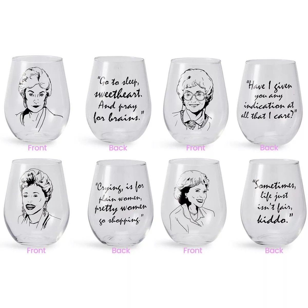Just Funky The Golden Girls Stemless Wine Glass Collectible Set of 4| Each Holds 16 Ounces