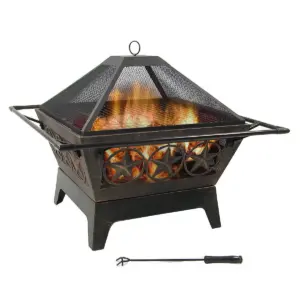 Sunnydaze Outdoor Camping or Backyard Steel Northern Galaxy Fire Pit with Cooking Grill Grate, Spark Screen, and Log Poker - 32