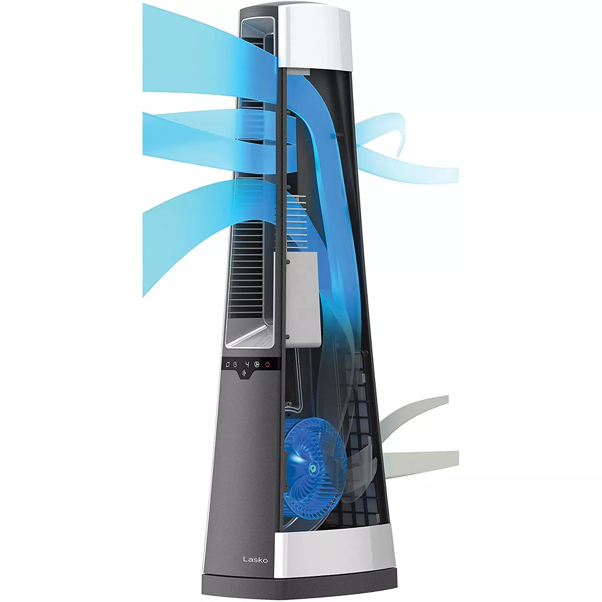 Lasko AC615 4-Speed Bladeless Remote Control Oscillating Indoor Whole Room Tower Pedestal Fan with 8 Hour Timer and Washable Filter