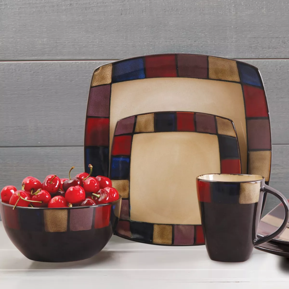 Gibson Elite Soho Lounge 16 Piece Soft Square Stoneware Dinnerware Set in Mosaic