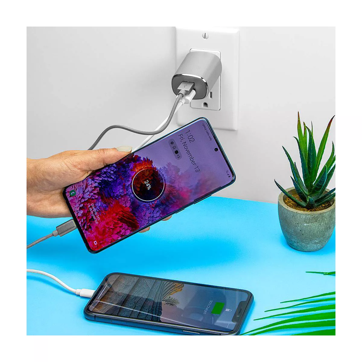 Just Wireless 3.4A/17W 2-Port USB-C/USB-A Home Charger with 6ft Mesh Type-C to USB-A Cable - Gray
