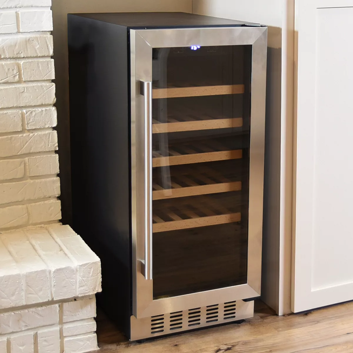 Sunnydaze Indoor Stainless Steel Beverage and Wine Single Zone Refrigerator with Sliding Shelves and Touchpad Temperature Control - 33 Bottle Capacity