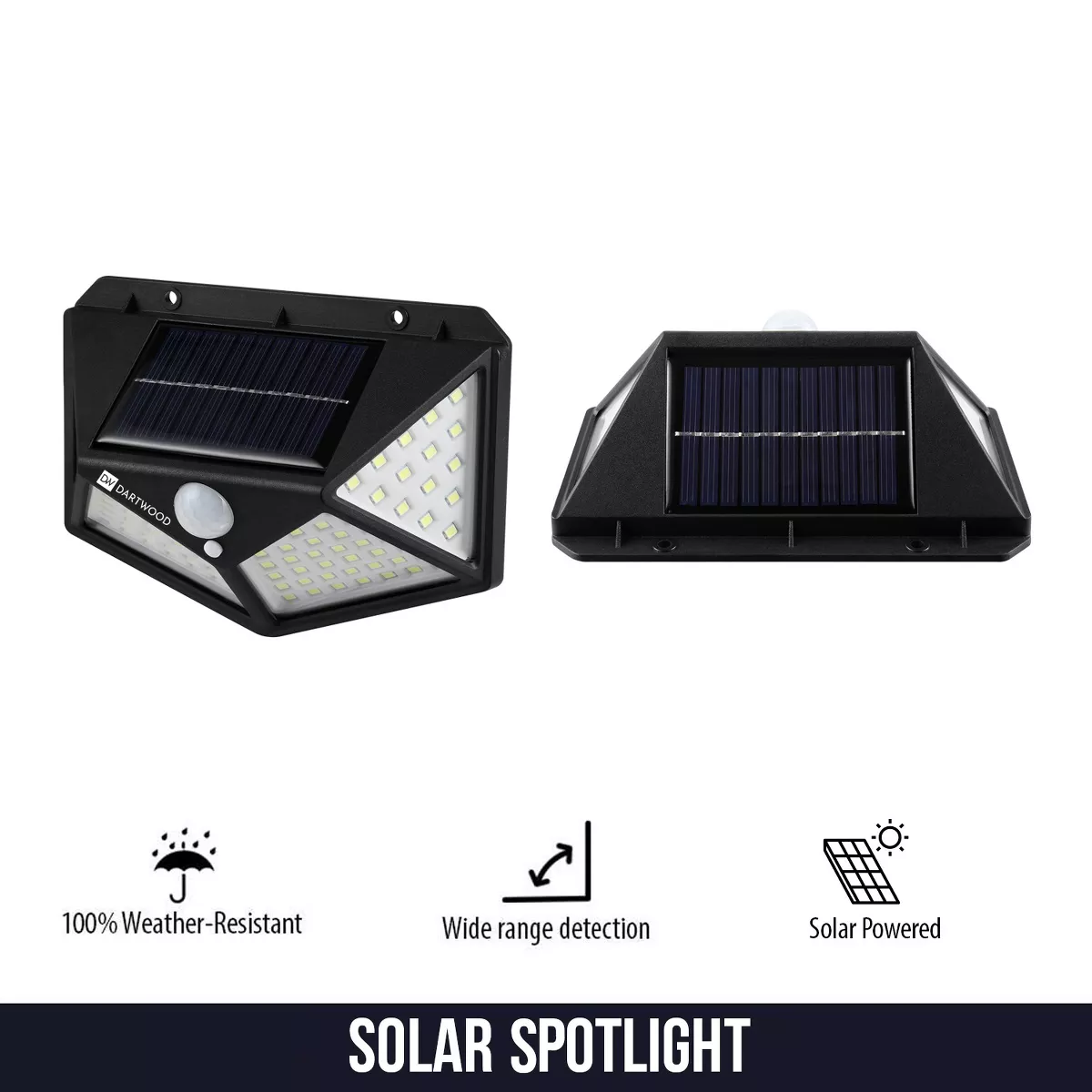Dartwood Outdoor Solar Lights with Motion Sensor, 100 LED, 450 Lumens Bright Weatherproof Wall Spotlight for Gardens Porches Walkways Patios (2 Pack)
