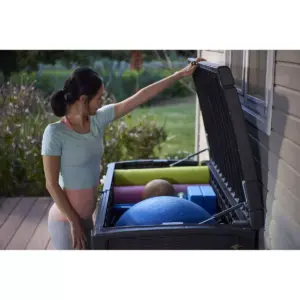 Keter Borneo Outdoor Resin Deck Storage Box Bin Organizer for Patio Furniture, Cushions, and Pool Toys with Wicker/Rattan Design, 110 Gallon, Grey
