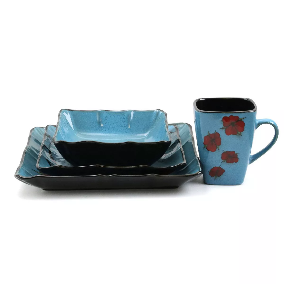 16pc Stoneware Tropical Bloom Square Dinnerware Set Red/Blue - Elama