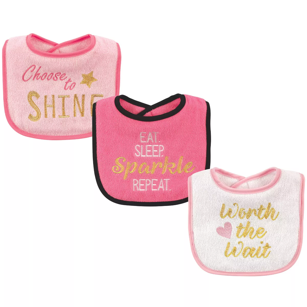 Luvable Friends Baby Girl Cotton Drooler Bibs with Fiber Filling 3pk, Sparkle, One Size