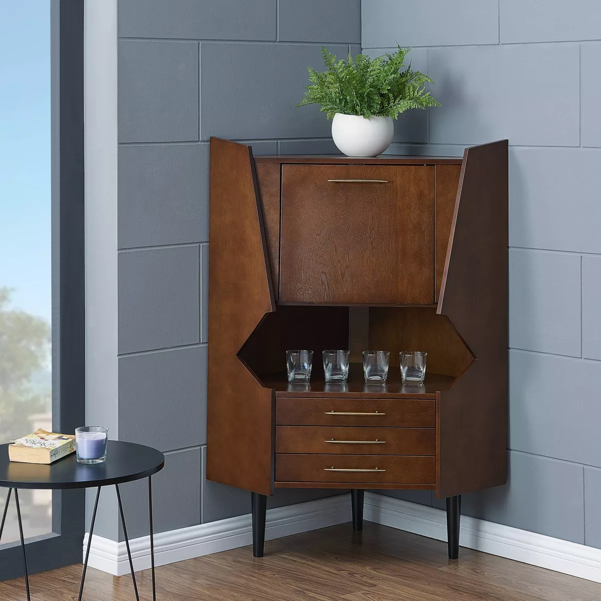 Lars Corner Bar Cabinet Dark Tobacco - Aiden Lane
