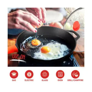 NutriChef 12 Inch Pre Seasoned Nonstick Cast Iron Skillet Frying Pan Kitchen Cookware Set with Tempered Glass Lid and Silicone Handle Cover (2 Pack)