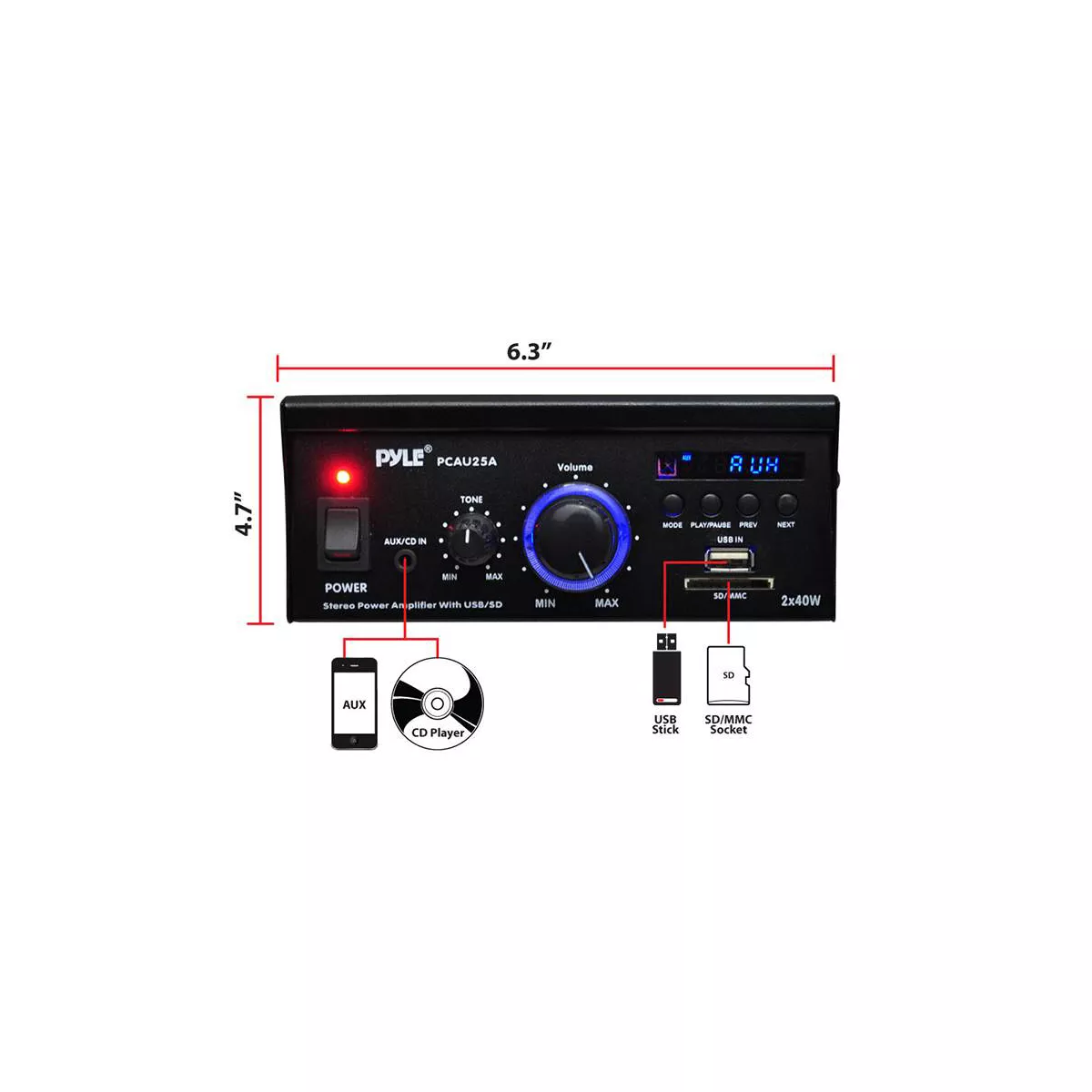 Pyle Mini 2 x 40-Watt Stereo Power Amplifier + USB/SD/AUX/LED Display | PCAU25A
