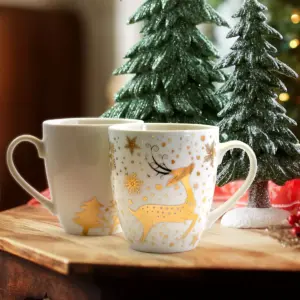 Gibson Home 4 Piece Holiday Gold 20 Ounce Fine Ceramic Mug Set with Assorted Designs