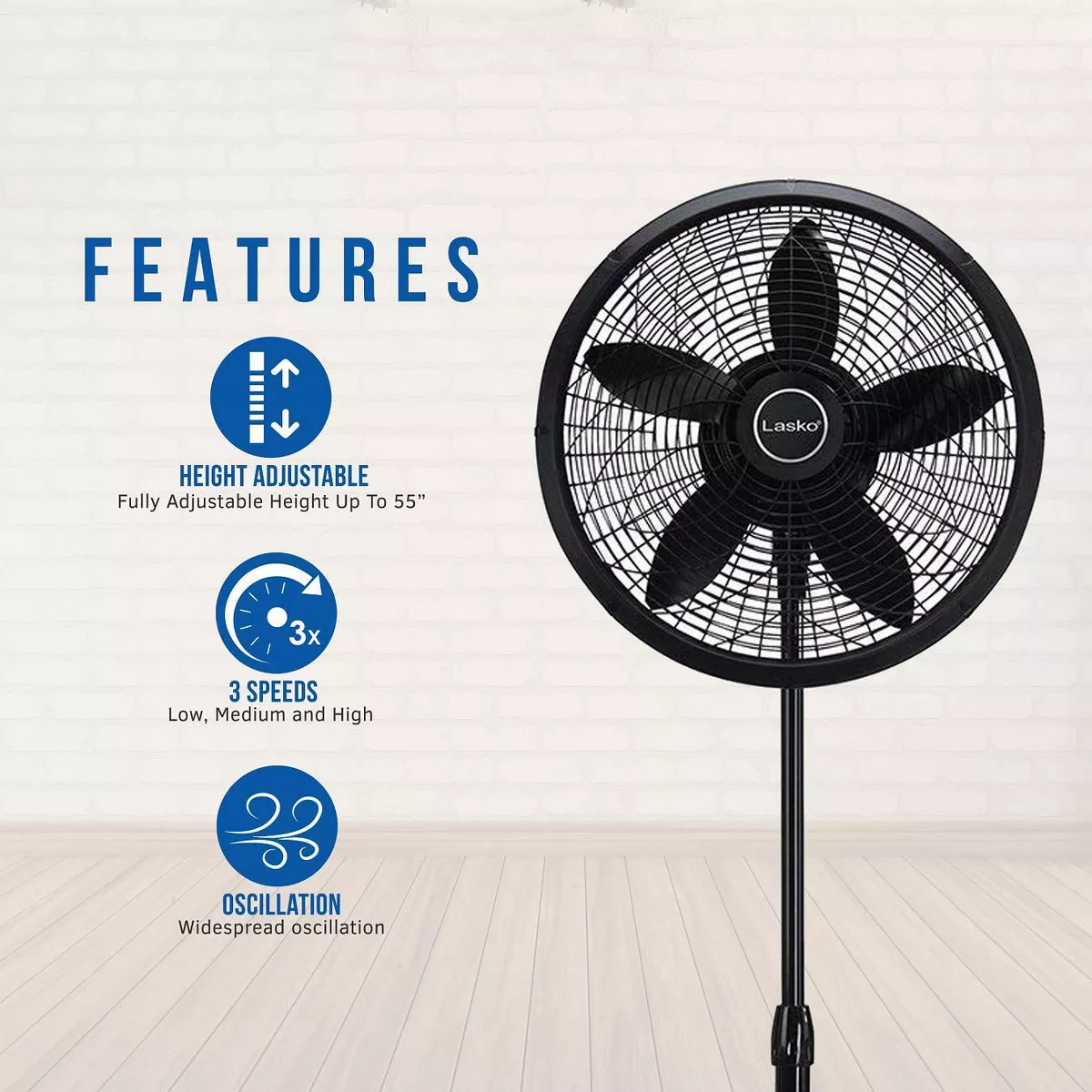 Lasko 1827 Elegance and Performance 18-Inch 3 Speed Adjustable 90 Degree Oscillating Tilt-Head Standing Home Pedestal Fan, Black