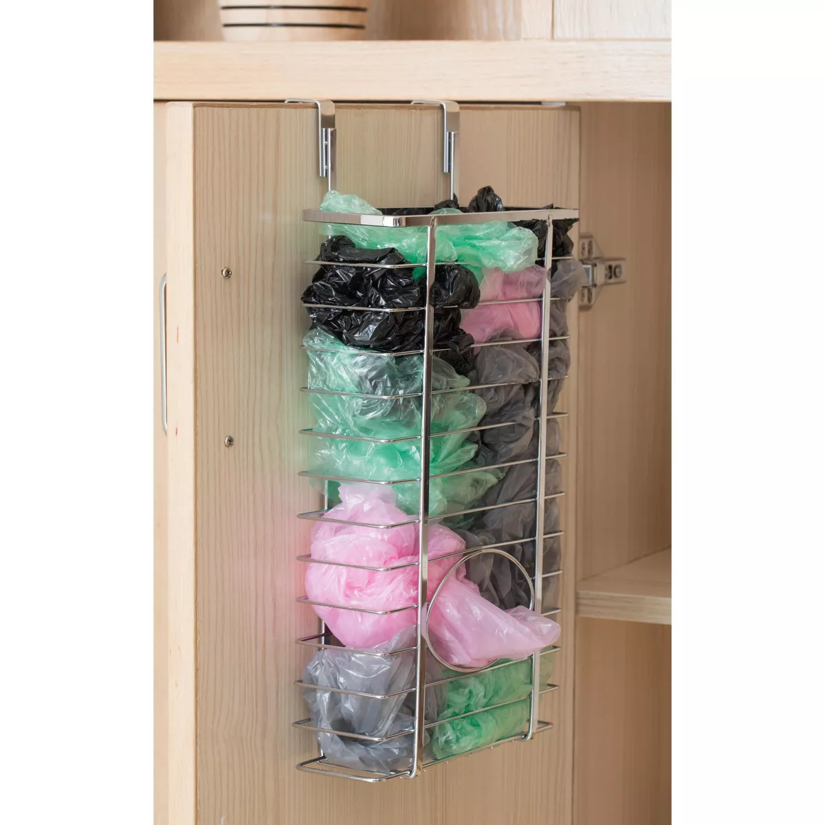 Basicwise Over Cabinet Metal Plastic Bag and Grocery Bag Storage Holder, Chrome