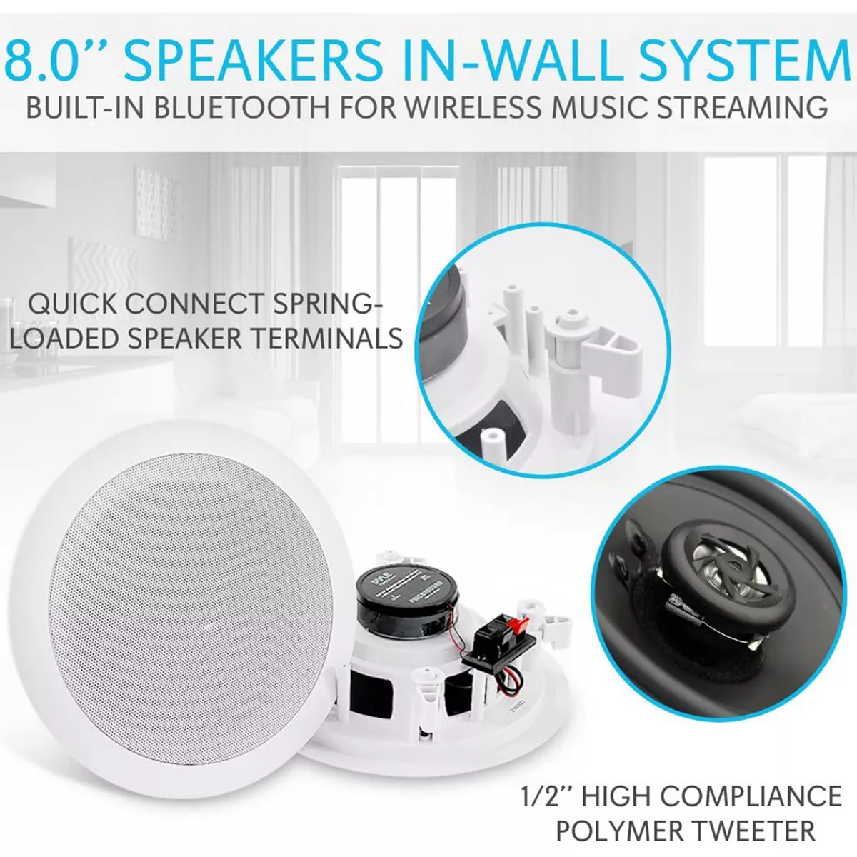 Pyle PDICBT852RD 8 Inch 250 Watt Bluetooth In Ceiling Wall 2 Way Flush Mount Home Indoor Stereo Speakers System, (4 Speakers)