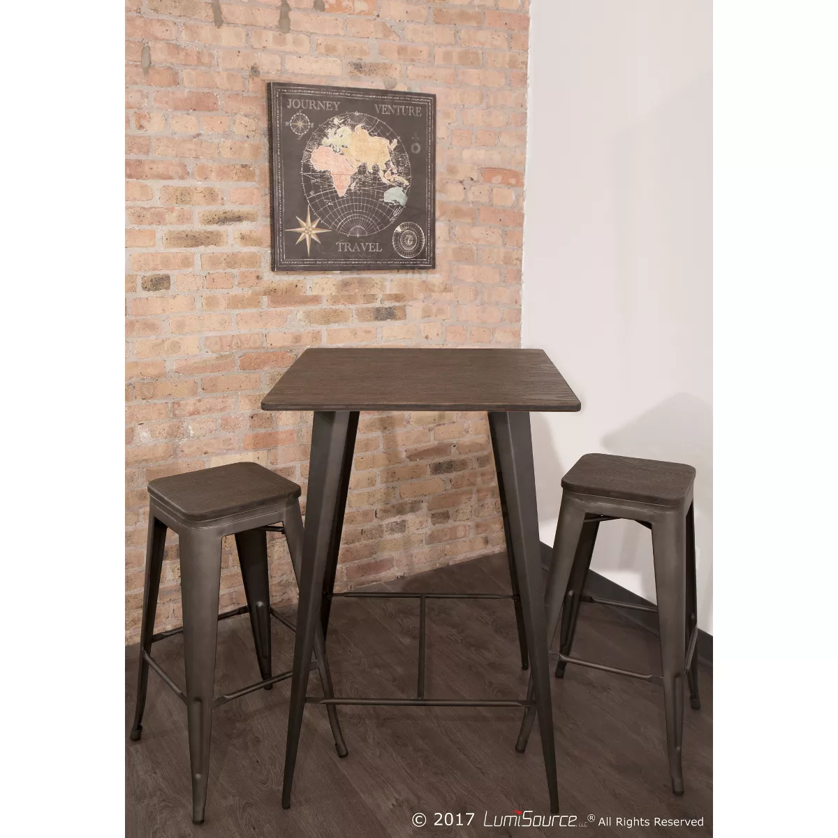 3pc Oregon Industrial Pub Set Matte Gray Metal Dining Sets Medium Brown Wood Top - LumiSource