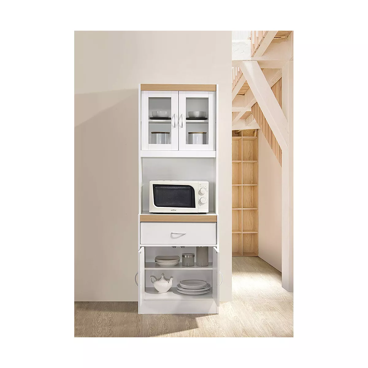 Hodedah Freestanding Kitchen Storage Cabinet w/ Open Space for Microwave, White