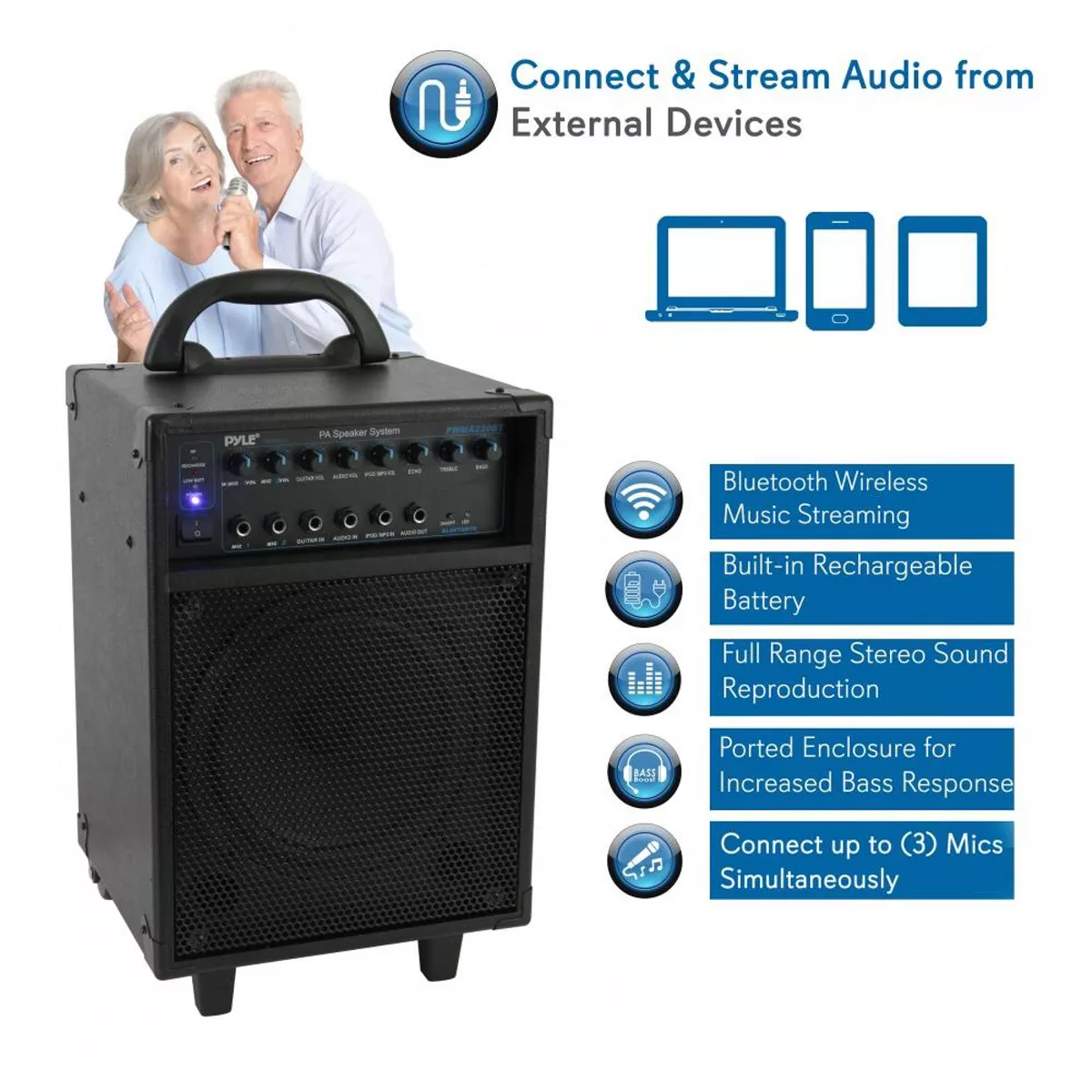 Pyle PWMA230BT 700 Watt Wireless Portable Bluetooth PA Speaker System with Handle, Wheels, MP3/USB/Micro SD, FM Radio and Party Lights