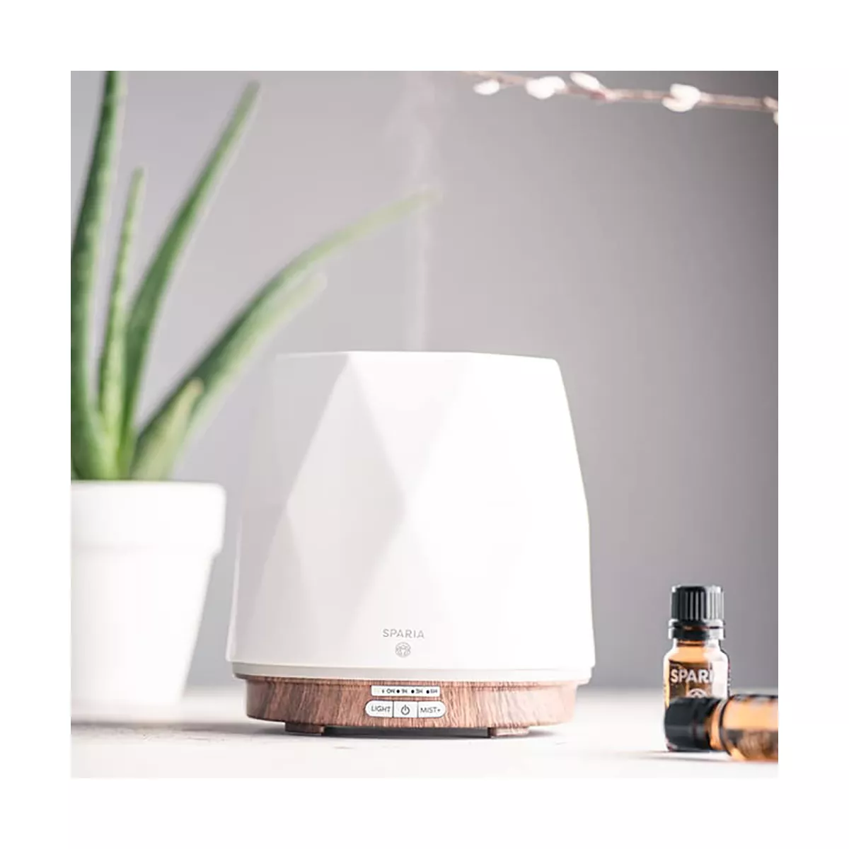 Sparia Stylish 300ml Ceramic Ultrasonic Aromatherapy Electric Essential Oils Diffuser, Matte White with Wood Grain Pattern Base