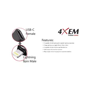 4XEM USB 3.1 Type-C Female to 8-pin Lightning Male Adapter - 1 x Type C Female USB - 1 x Lightning Male Proprietary Connector - Black