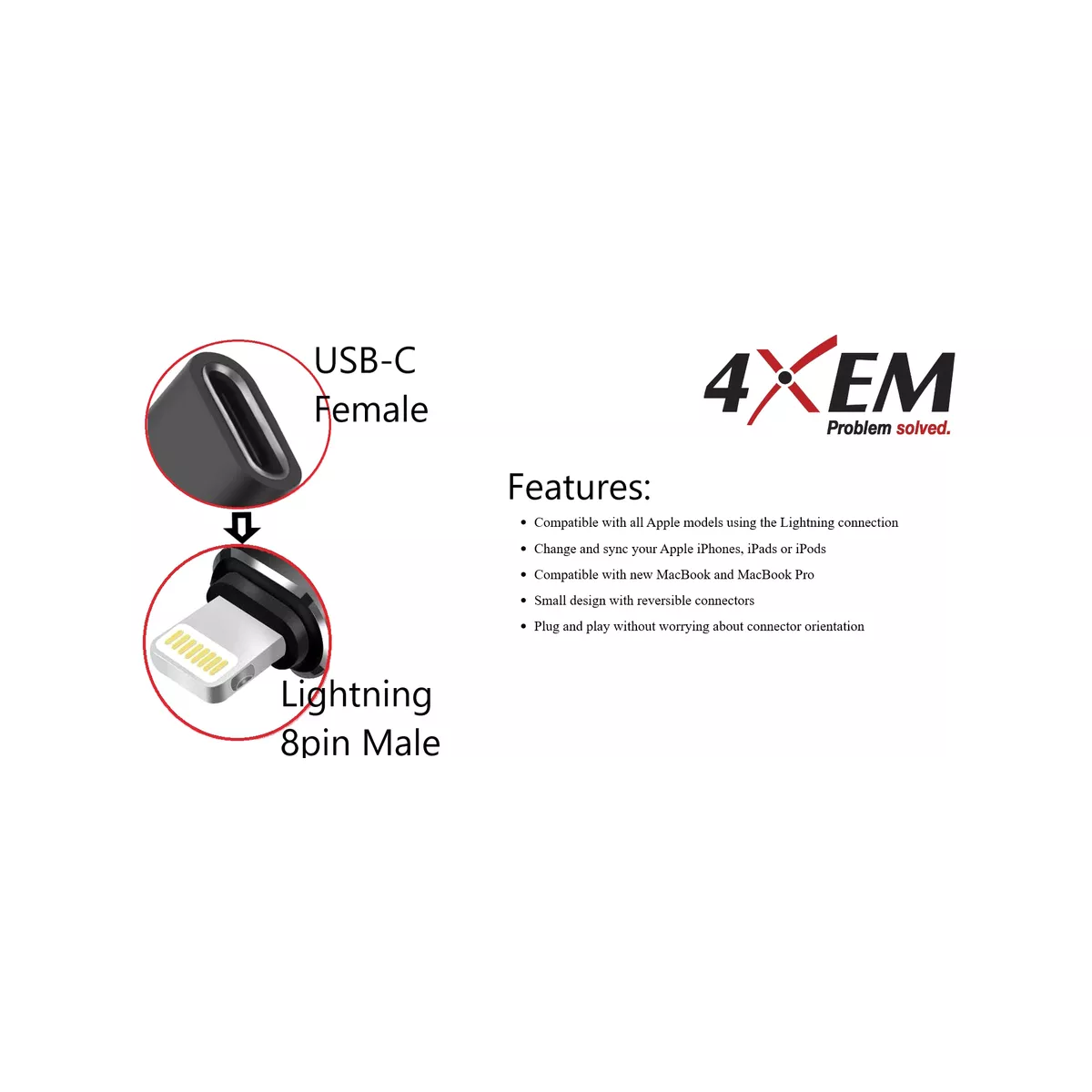 4XEM USB 3.1 Type-C Female to 8-pin Lightning Male Adapter - 1 x Type C Female USB - 1 x Lightning Male Proprietary Connector - Black
