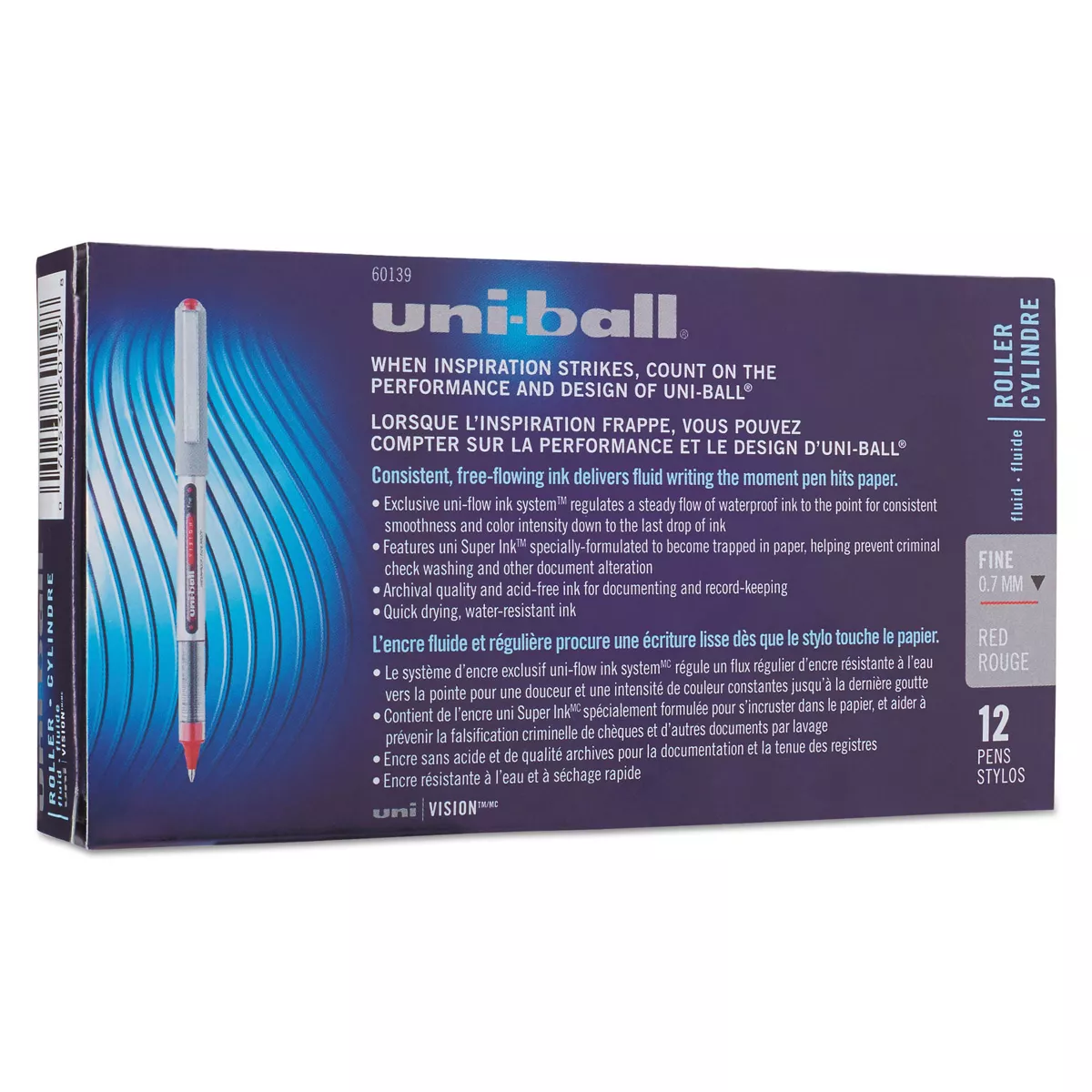 uni-ball VISION Stick Roller Ball Pen Fine 0.7mm Red Ink Gray/Red Barrel Dozen 60139