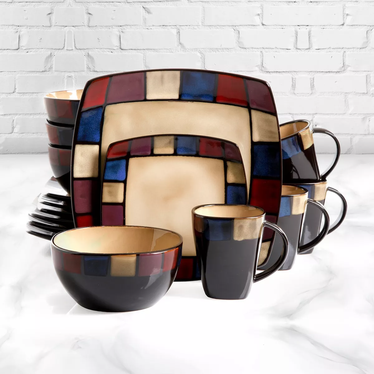 Gibson Elite Soho Lounge 16 Piece Soft Square Stoneware Dinnerware Set in Mosaic