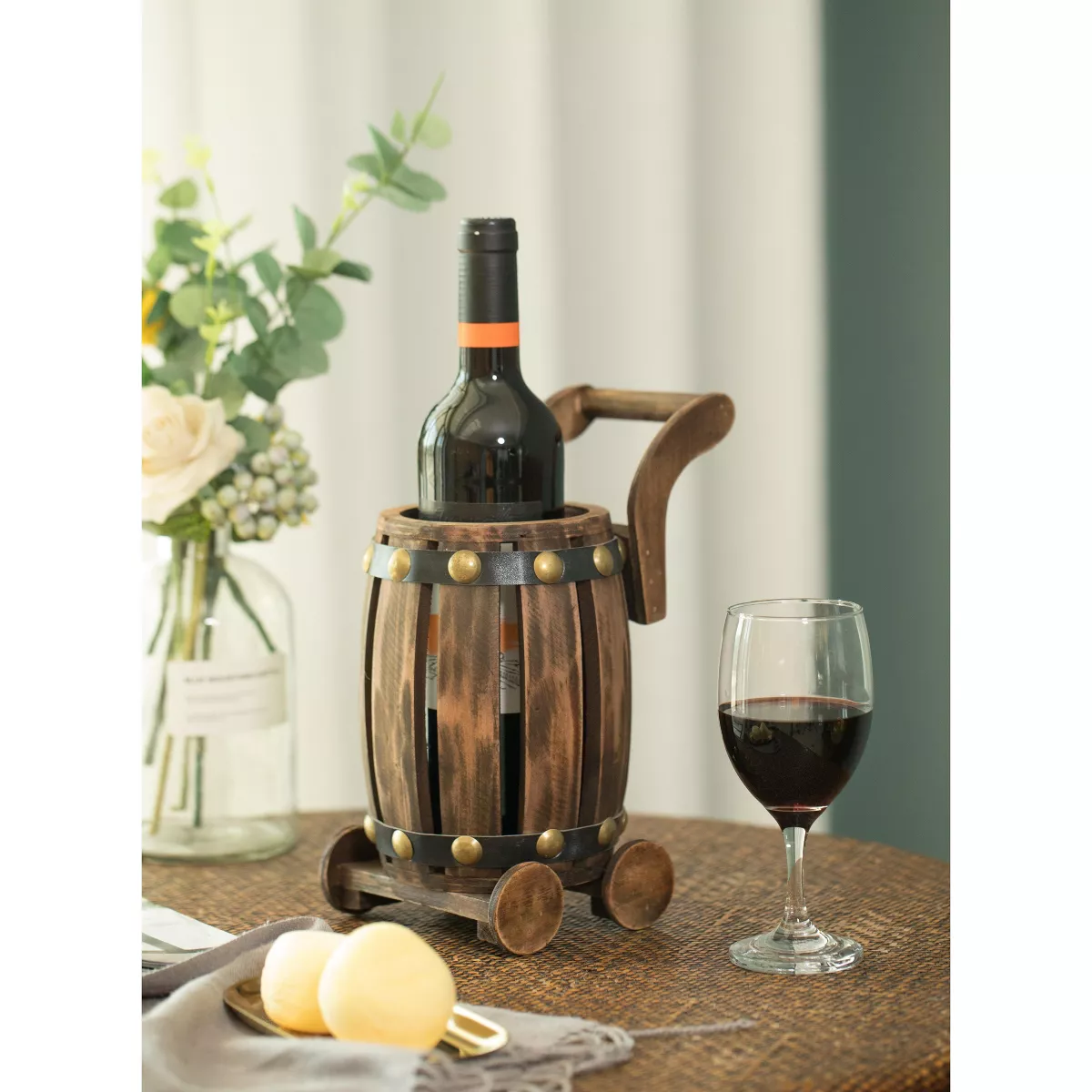 Vintiquewise Wooden Barrel Cart Vintage Decorative Shaped Single Bottle Wine Holder