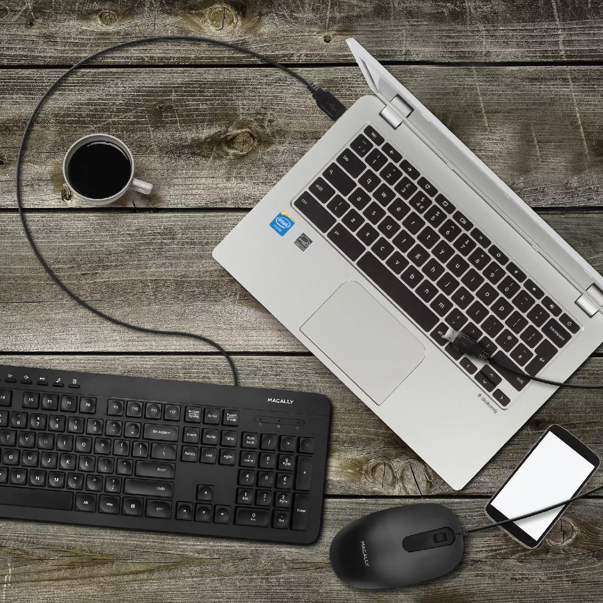 Macally USB Wired Slim Soft Quiet 112 Keys and 8 Shortcuts Full Keyboard + Mouse Combo