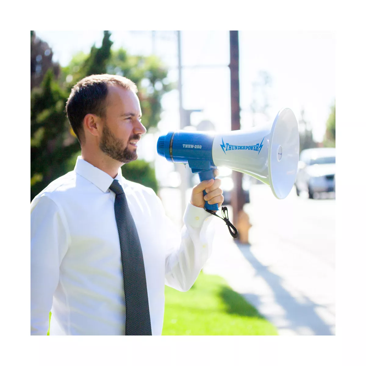 ThunderPower THUN250 800 Yard Sound Range 25 Watt Portable PA Bullhorn Megaphone Speaker with 3 Megaphone Modes, Blue