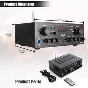 Pyle PTA24BT 250 Watt 2 Channel Compact Wireless Bluetooth Home Audio Amplifier Stereo Receiver Sound System with Microphone Inputs and Remote